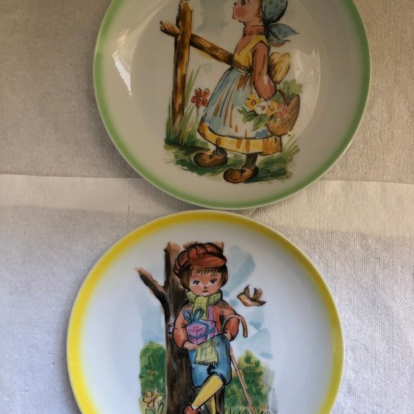 2 Vintage decorative plates girl bird flower made in Japan yellow & green edge - Picture 1 of 7